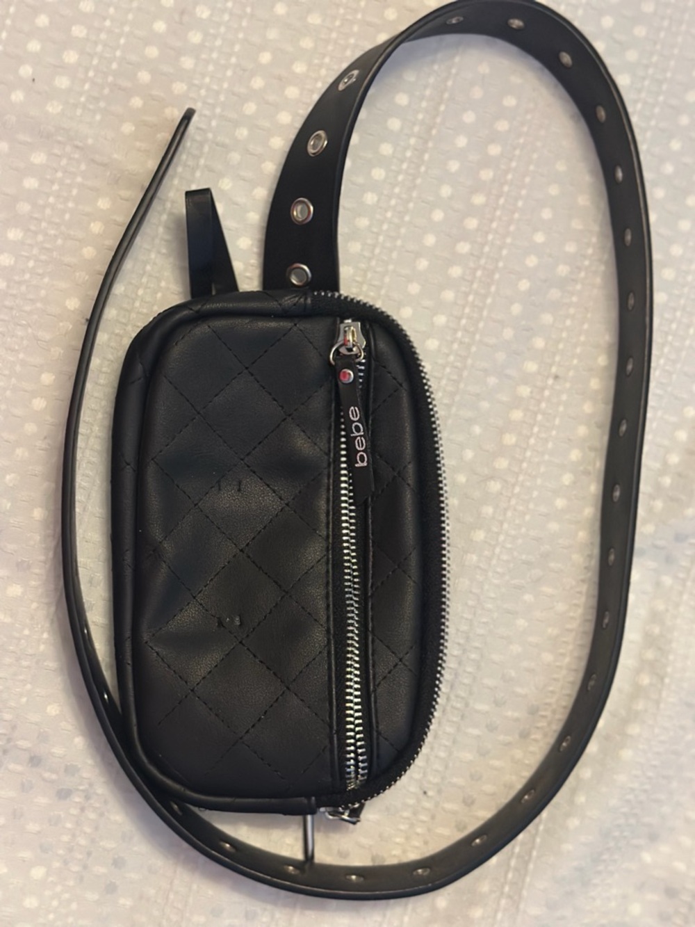 bebe Black Quilted Leather Belt Pouch with Grommet Strap